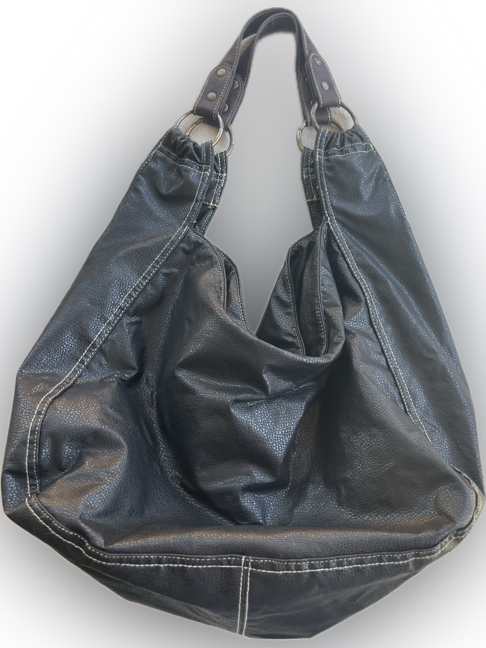 LULU Large Black Faux Leather Slouchy Hobo Shoulder Bag - Contrast Stitching